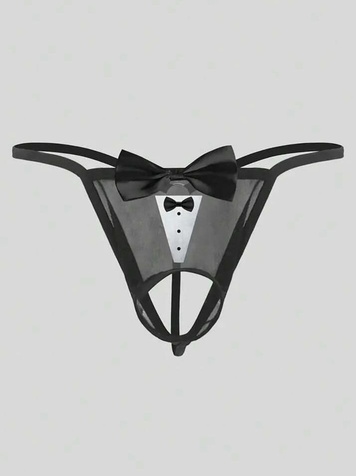 MAD-MEN Men's Sexy Thong With Unique Bow Print Pattern & Hollow Out Mesh Bow Decor Underwear